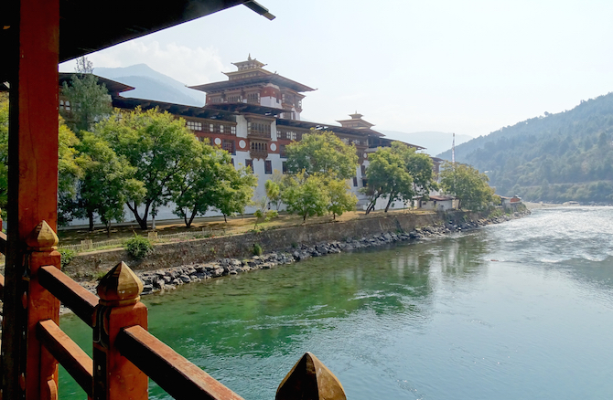 The spectacular Punakha Dzong in central Bhutan. Dzongs are a unique Bhutanese creation combining a formidable fortress with a palace, administrative quarters, a temple and a monastery. Pretty much everything a feudal lord could want...